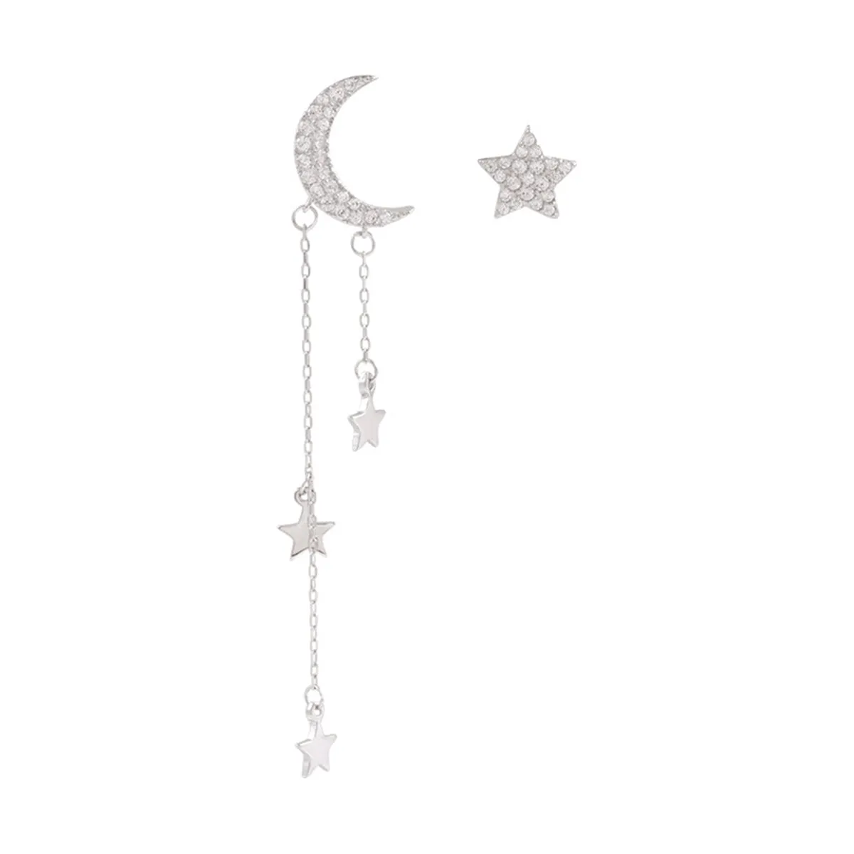Cubic Zirconia & Silver-Plated Star Stud Earring & Moon Tassel Drop Earring