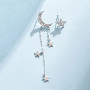Cubic Zirconia & Silver-Plated Star Stud Earring & Moon Tassel Drop Earring