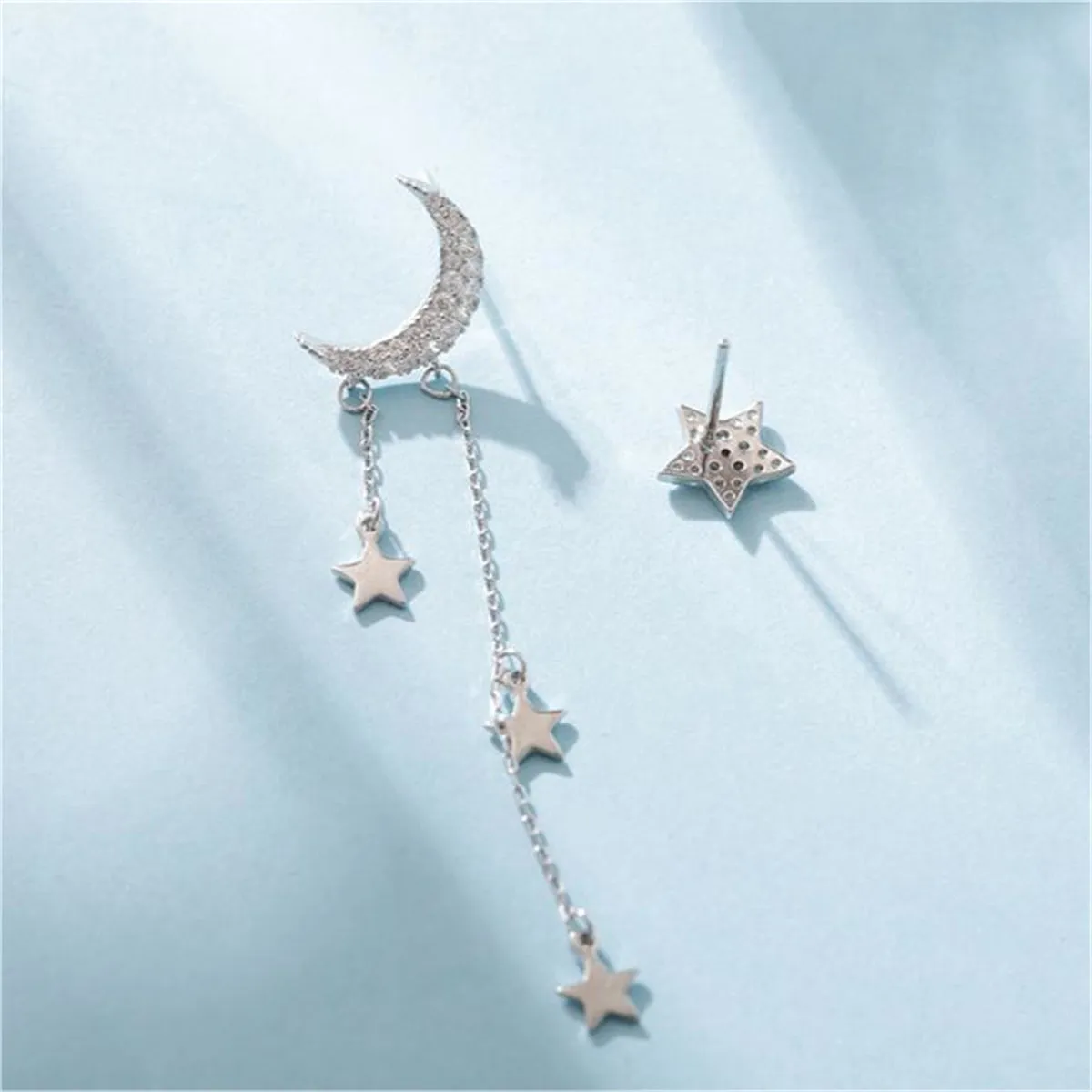 Cubic Zirconia & Silver-Plated Star Stud Earring & Moon Tassel Drop Earring