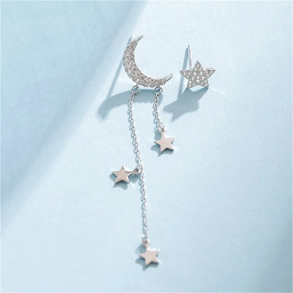 Cubic Zirconia & Silver-Plated Star Stud Earring & Moon Tassel Drop Earring