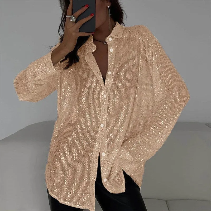 Dazzling Sequins and Alluring Silhouette: Spring and Summer Turndown Collar Long-Sleeved Shirt for Effortless Glam