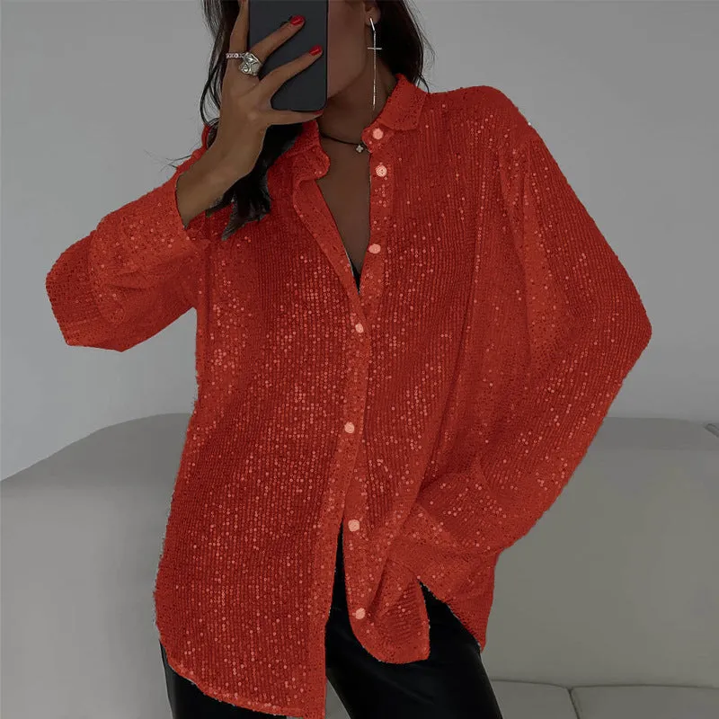 Dazzling Sequins and Alluring Silhouette: Spring and Summer Turndown Collar Long-Sleeved Shirt for Effortless Glam