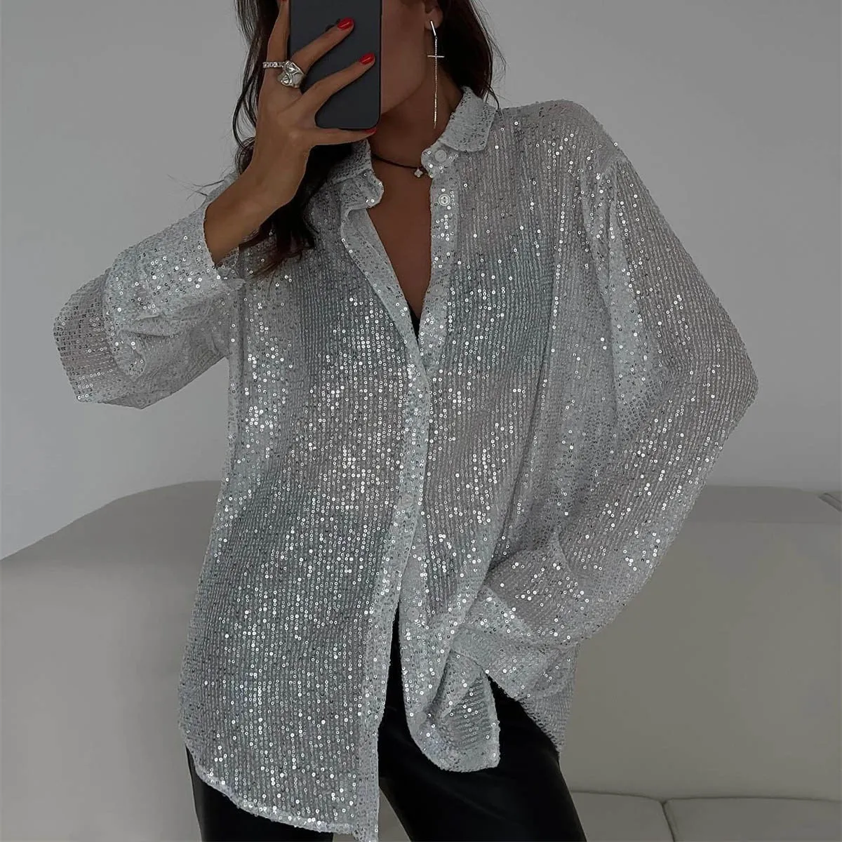Dazzling Sequins and Alluring Silhouette: Spring and Summer Turndown Collar Long-Sleeved Shirt for Effortless Glam
