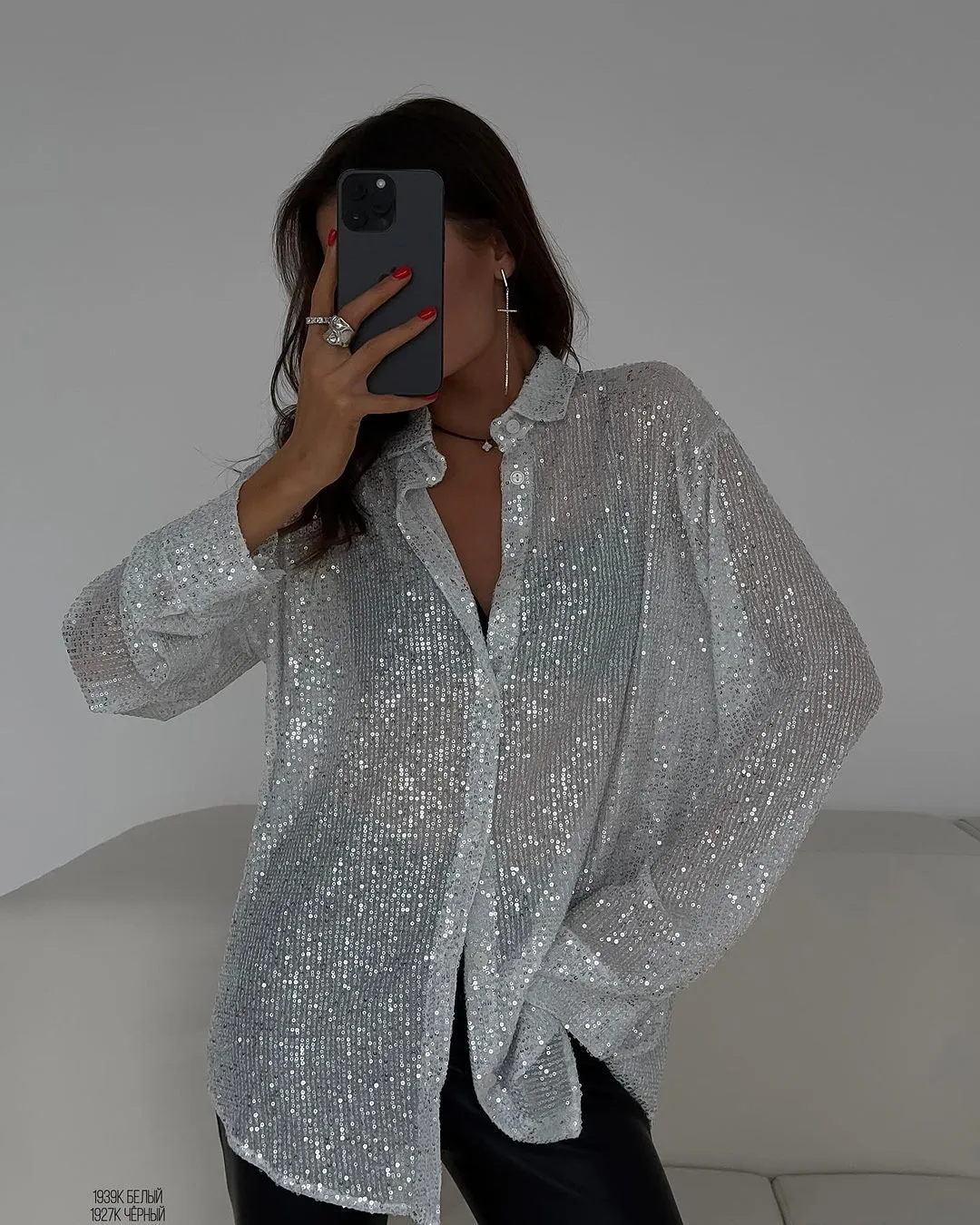 Dazzling Sequins and Alluring Silhouette: Spring and Summer Turndown Collar Long-Sleeved Shirt for Effortless Glam