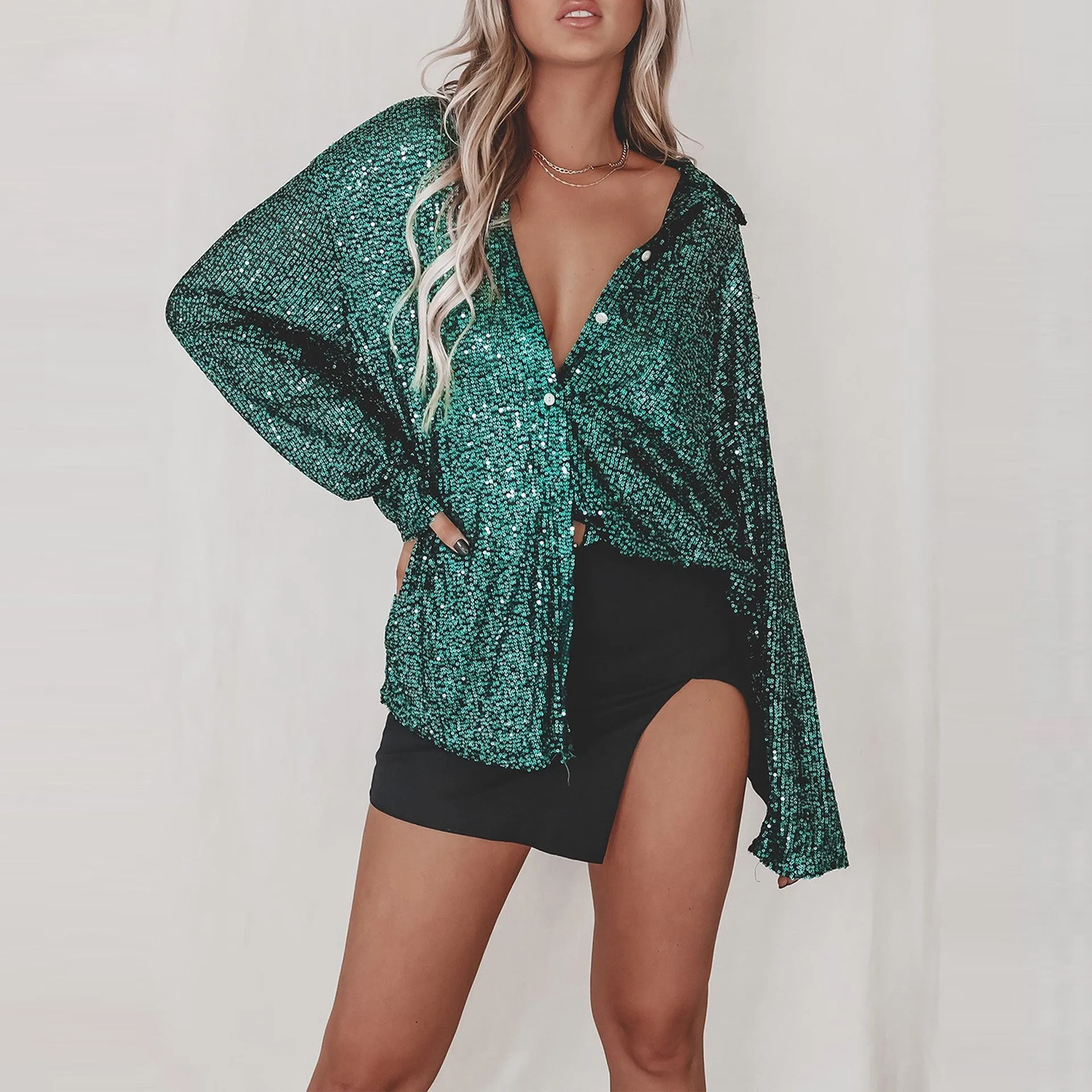 Dazzling Sequins and Alluring Silhouette: Spring and Summer Turndown Collar Long-Sleeved Shirt for Effortless Glam
