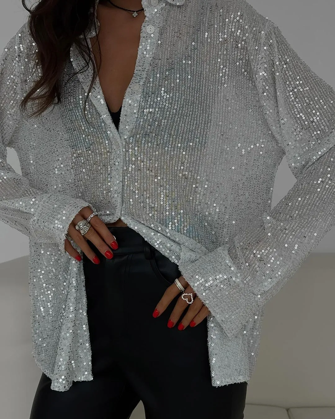 Dazzling Sequins and Alluring Silhouette: Spring and Summer Turndown Collar Long-Sleeved Shirt for Effortless Glam