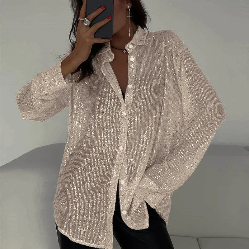 Dazzling Sequins and Alluring Silhouette: Spring and Summer Turndown Collar Long-Sleeved Shirt for Effortless Glam
