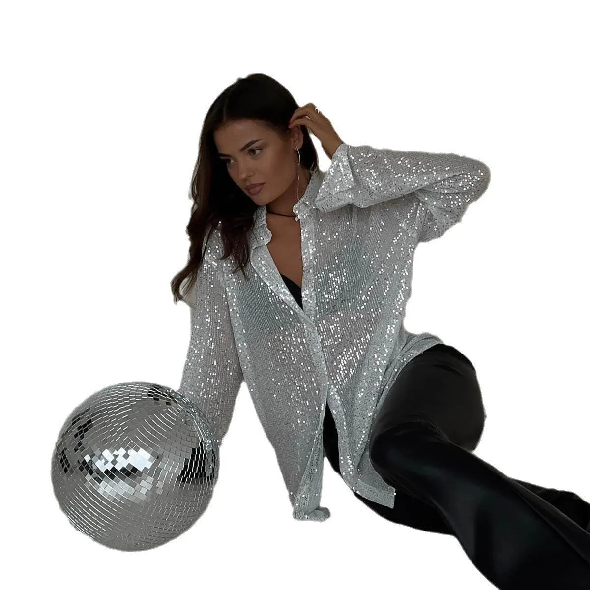 Dazzling Sequins and Alluring Silhouette: Spring and Summer Turndown Collar Long-Sleeved Shirt for Effortless Glam