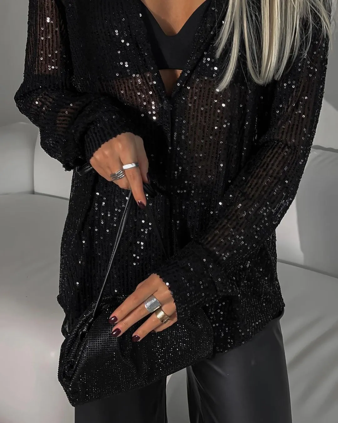 Dazzling Sequins and Alluring Silhouette: Spring and Summer Turndown Collar Long-Sleeved Shirt for Effortless Glam