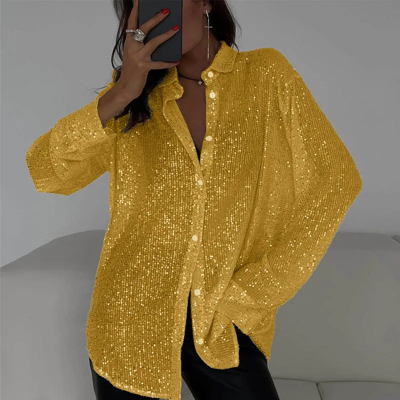 Dazzling Sequins and Alluring Silhouette: Spring and Summer Turndown Collar Long-Sleeved Shirt for Effortless Glam