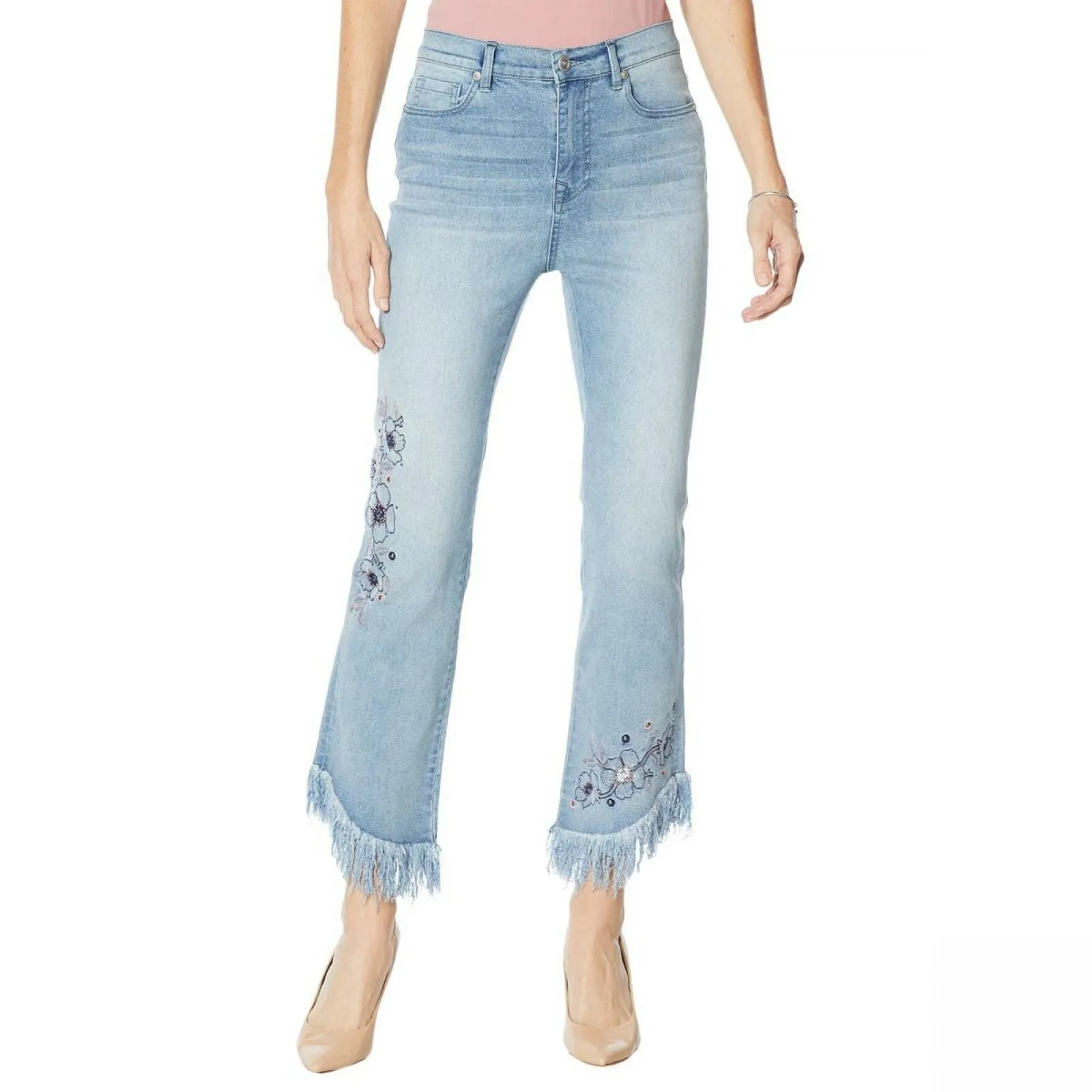 DG2 by Diane Gilman Embellished Fringe Hem Cropped Jeans Chambray 16