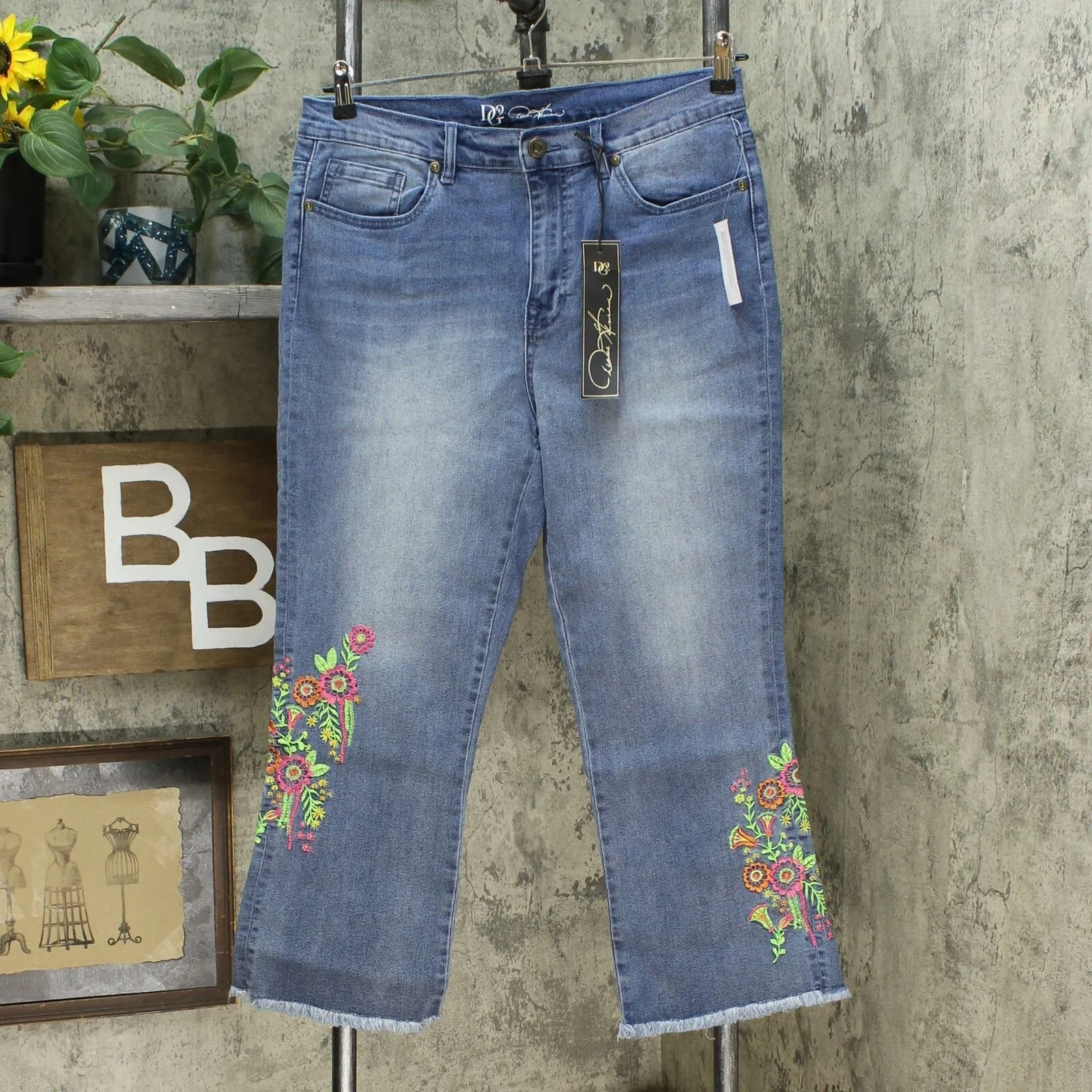 DG2 by Diane Gilman Women's Neon Embroidered Kick Flare Crop Jeans