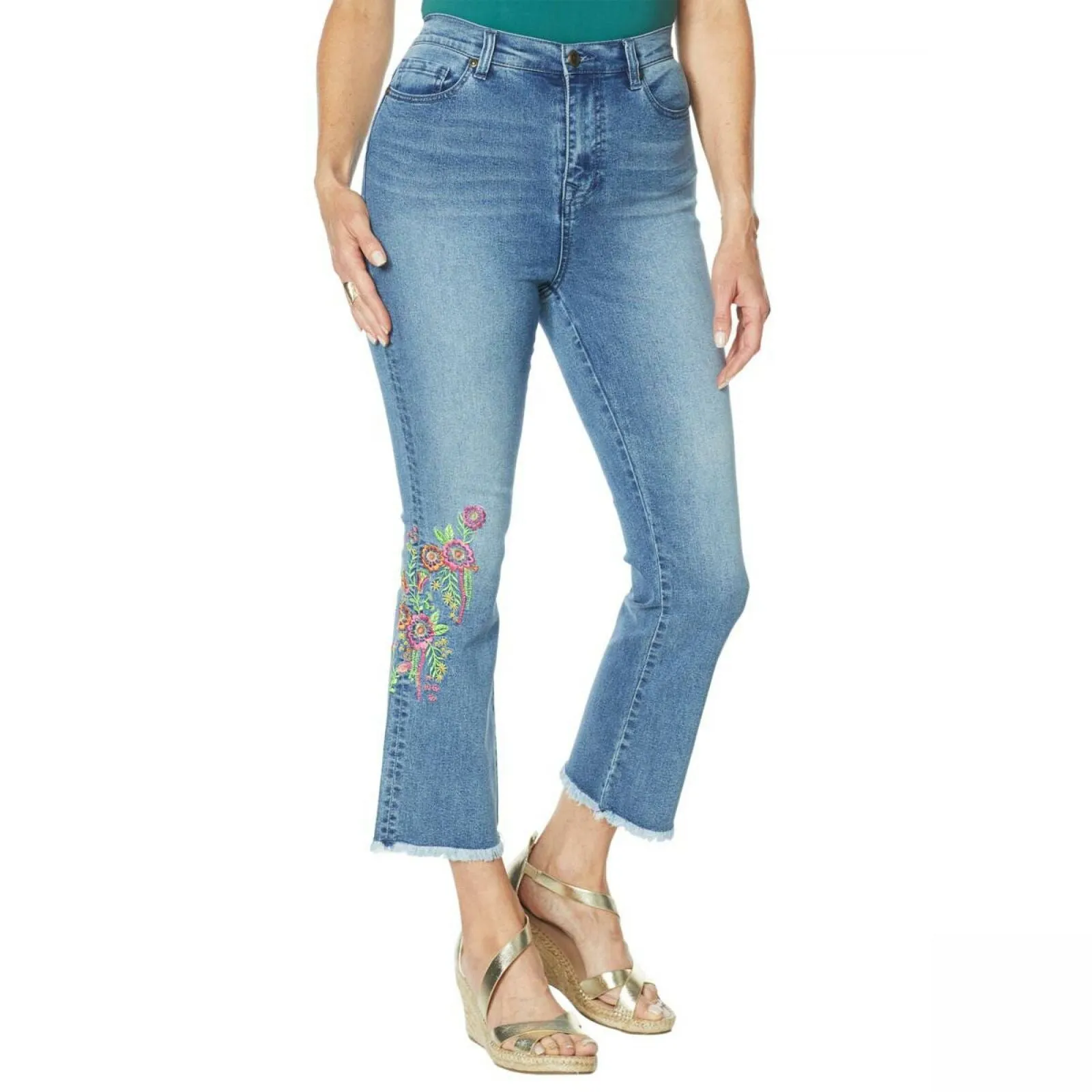 DG2 by Diane Gilman Women's Neon Embroidered Kick Flare Crop Jeans