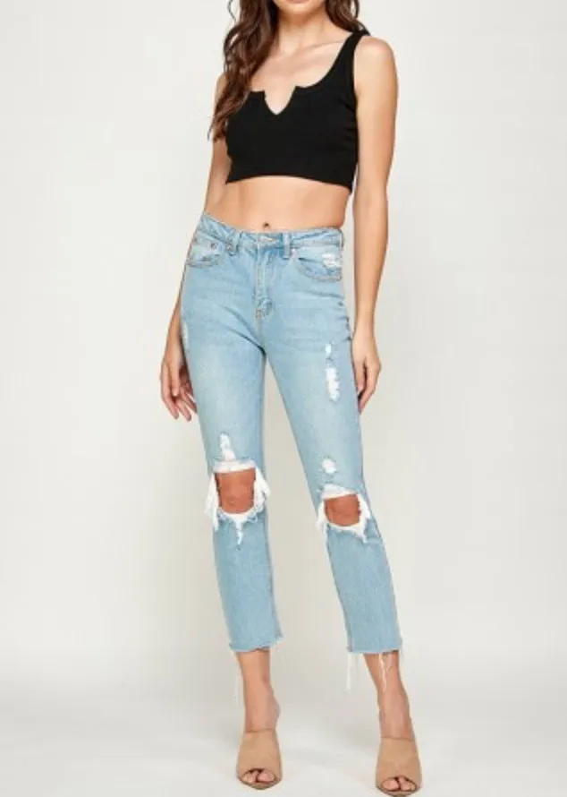 Distressed High Waist Straight Leg Fray Hem Cropped Jeans
