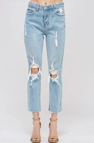 Distressed High Waist Straight Leg Fray Hem Cropped Jeans