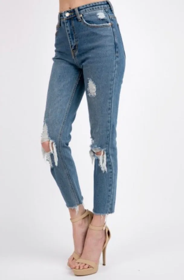 Distressed High Waist Straight Leg Fray Hem Cropped Jeans
