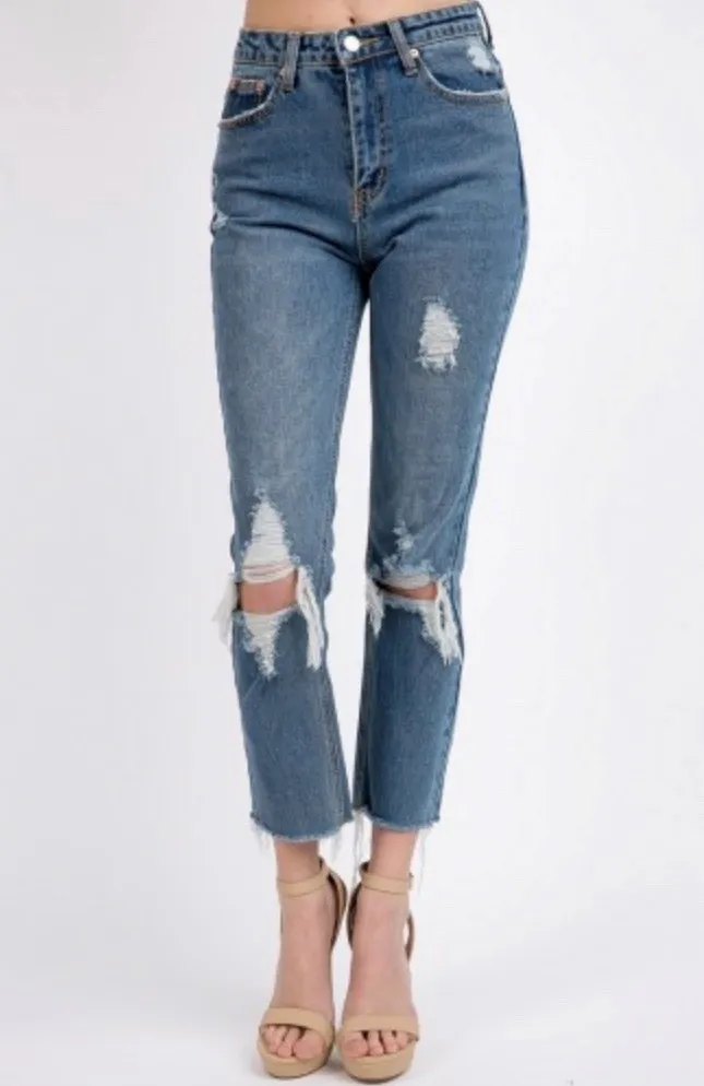 Distressed High Waist Straight Leg Fray Hem Cropped Jeans