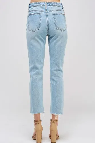Distressed High Waist Straight Leg Fray Hem Cropped Jeans