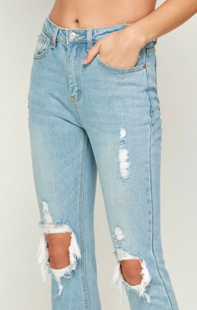Distressed High Waist Straight Leg Fray Hem Cropped Jeans