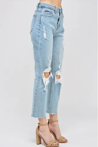 Distressed High Waist Straight Leg Fray Hem Cropped Jeans