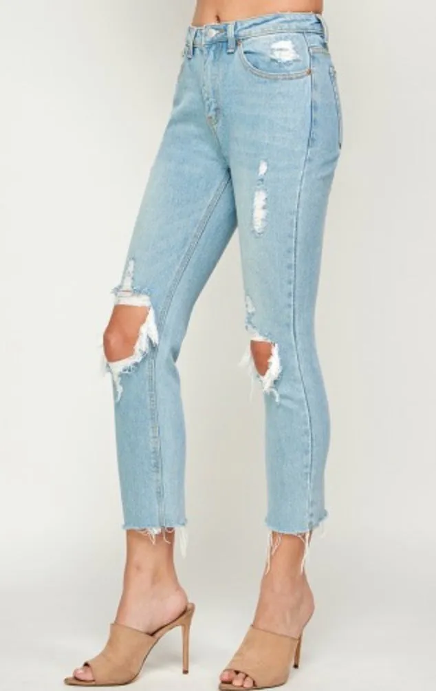 Distressed High Waist Straight Leg Fray Hem Cropped Jeans