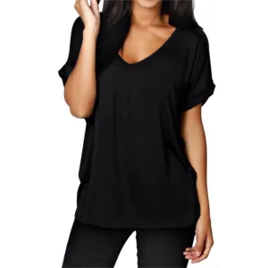 Fashion V Neck Short Sleeve Women Blouses Loose Solid Tops Plus Size