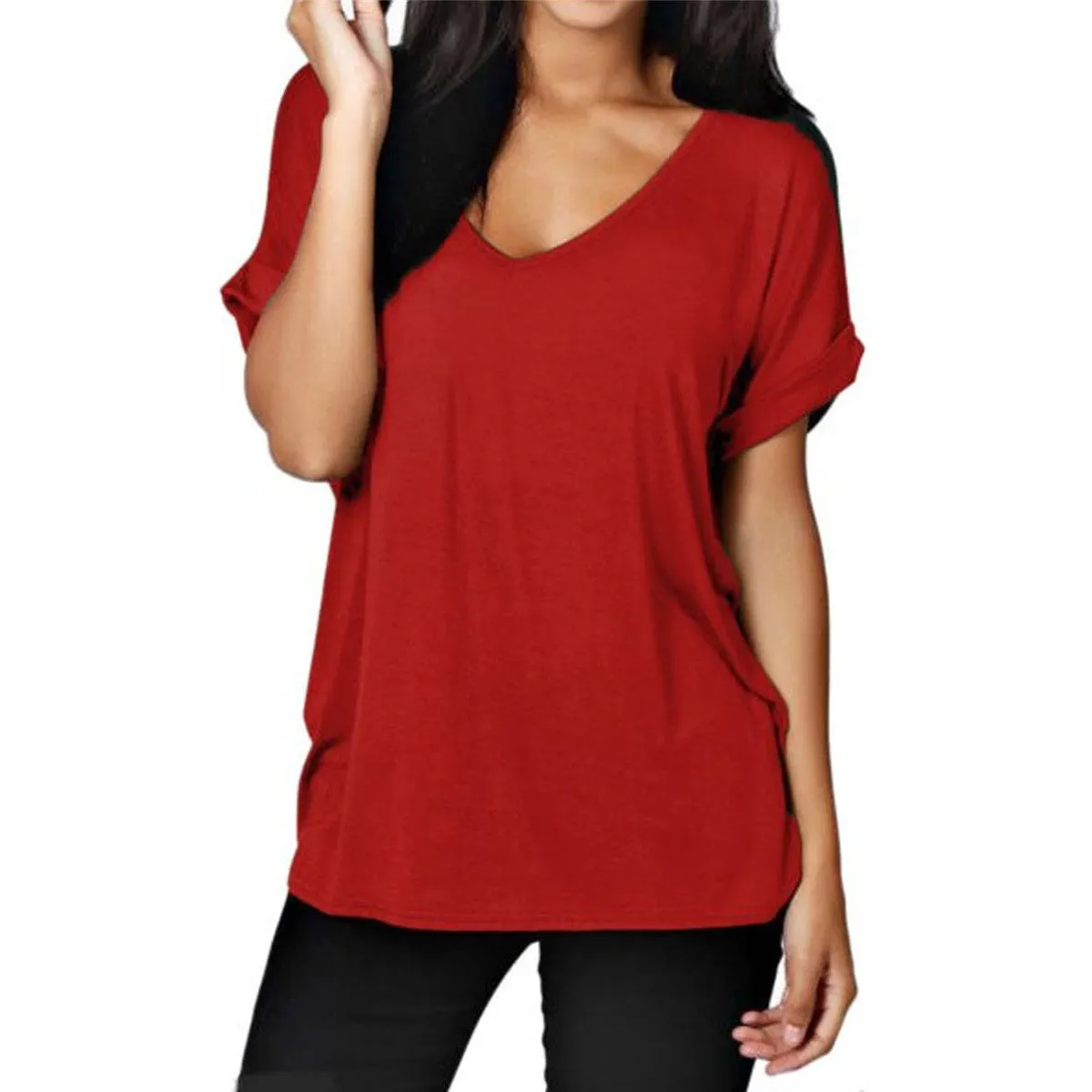 Fashion V Neck Short Sleeve Women Blouses Loose Solid Tops Plus Size