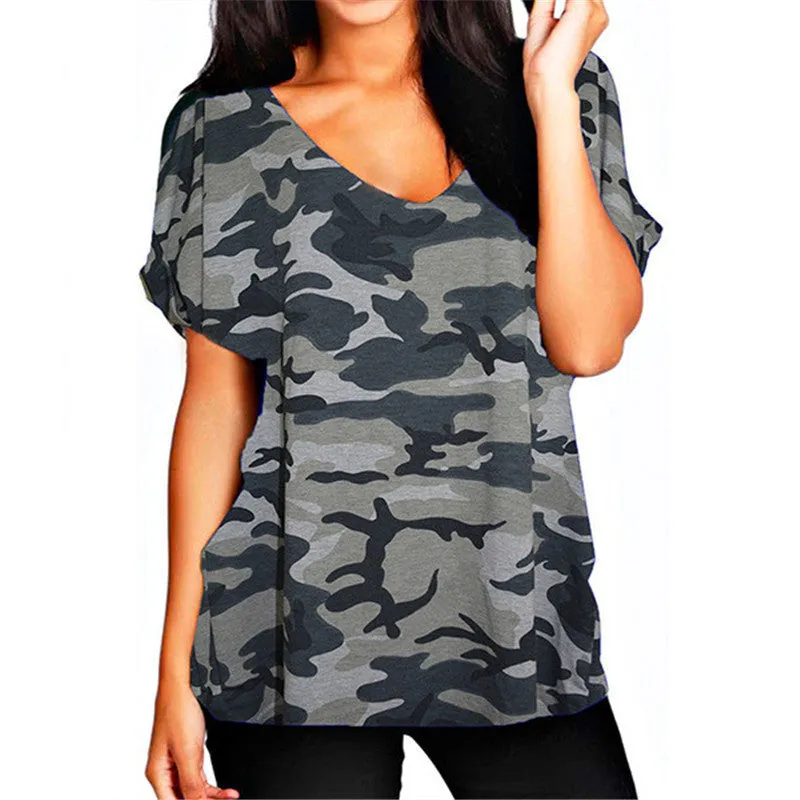 Fashion V Neck Short Sleeve Women Blouses Loose Solid Tops Plus Size