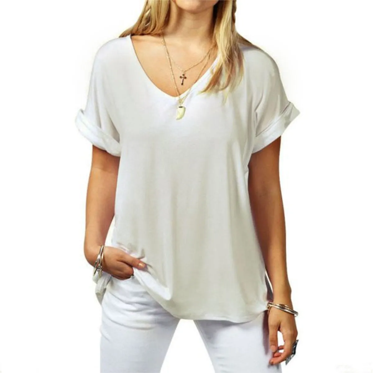 Fashion V Neck Short Sleeve Women Blouses Loose Solid Tops Plus Size