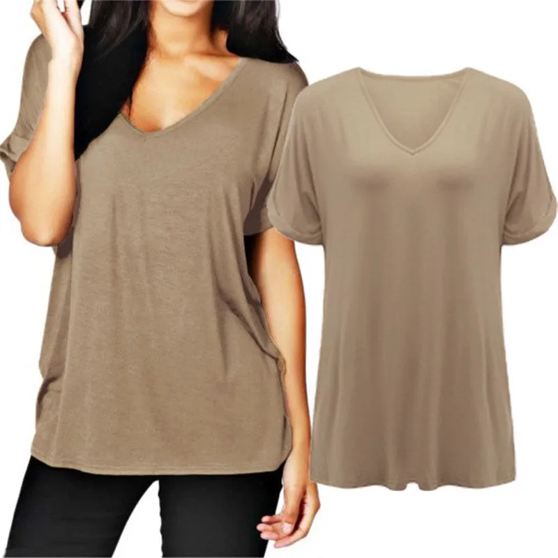Fashion V Neck Short Sleeve Women Blouses Loose Solid Tops Plus Size