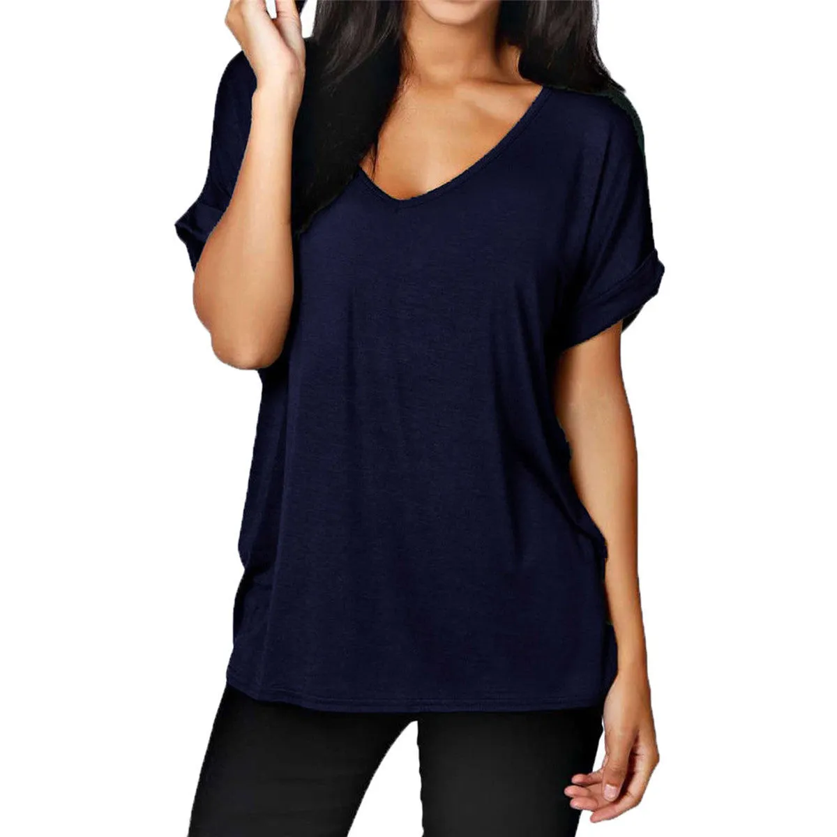 Fashion V Neck Short Sleeve Women Blouses Loose Solid Tops Plus Size