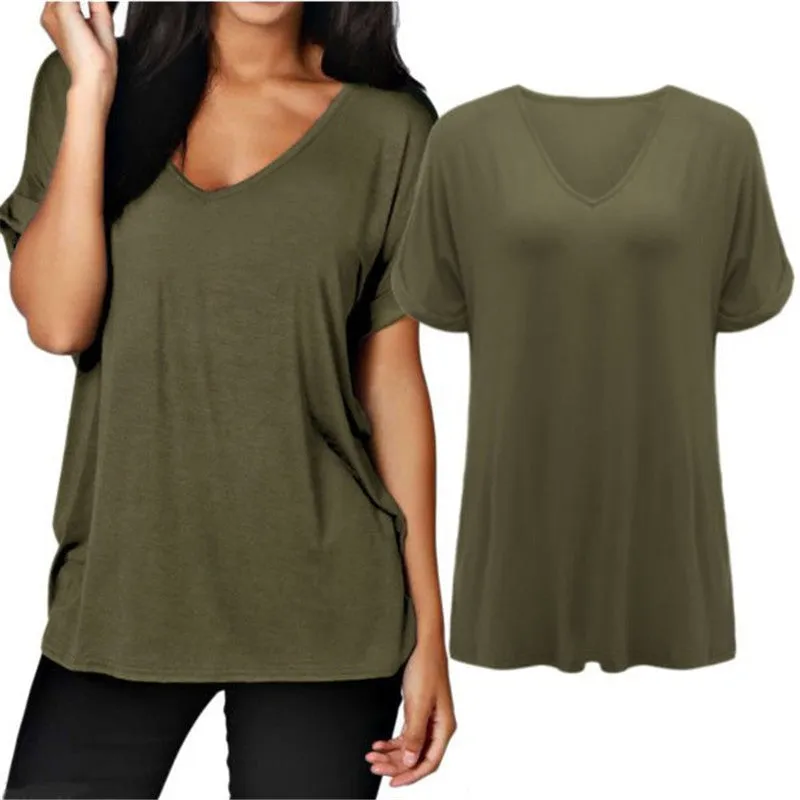 Fashion V Neck Short Sleeve Women Blouses Loose Solid Tops Plus Size