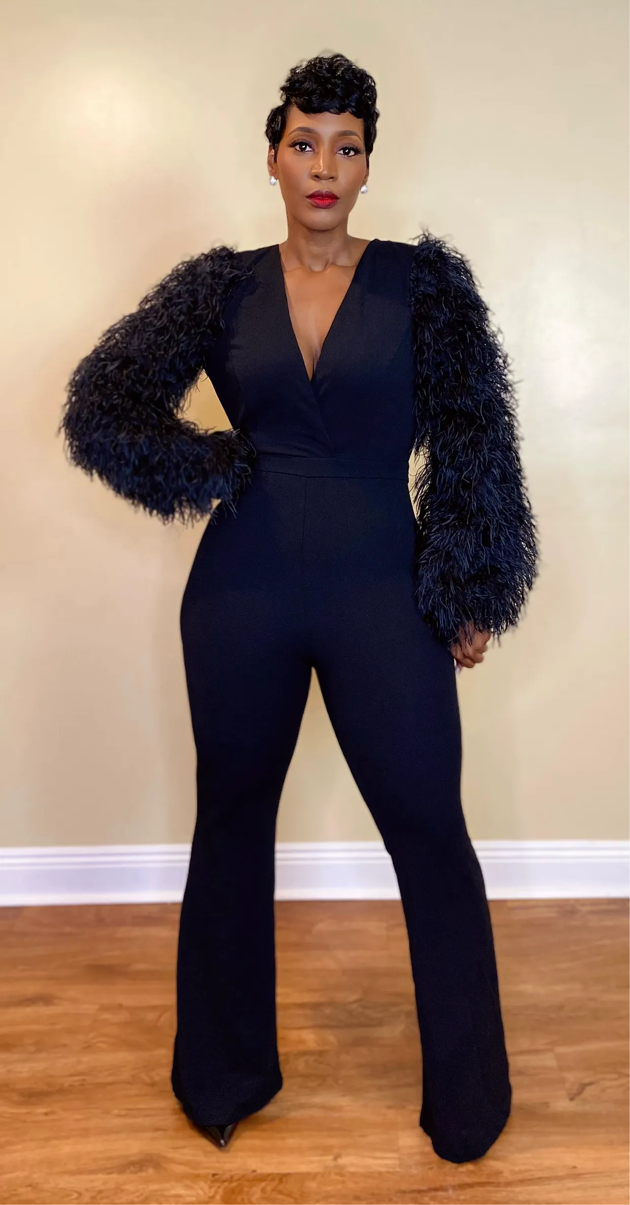 FEATHER SLEEVE JUMPSUIT (BLACK)