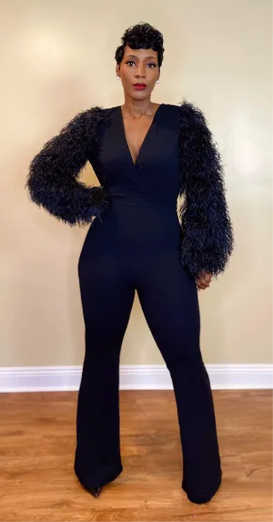 FEATHER SLEEVE JUMPSUIT (BLACK)
