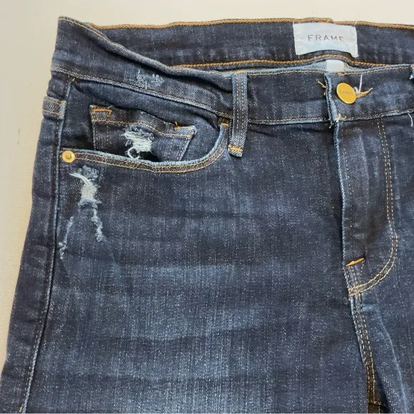 Frame Le Garcon Crop Chewed Hem Jeans Women’s 28 Dark Blue Wash Distress Stretch