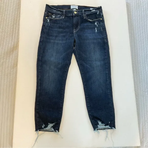 Frame Le Garcon Crop Chewed Hem Jeans Women’s 28 Dark Blue Wash Distress Stretch