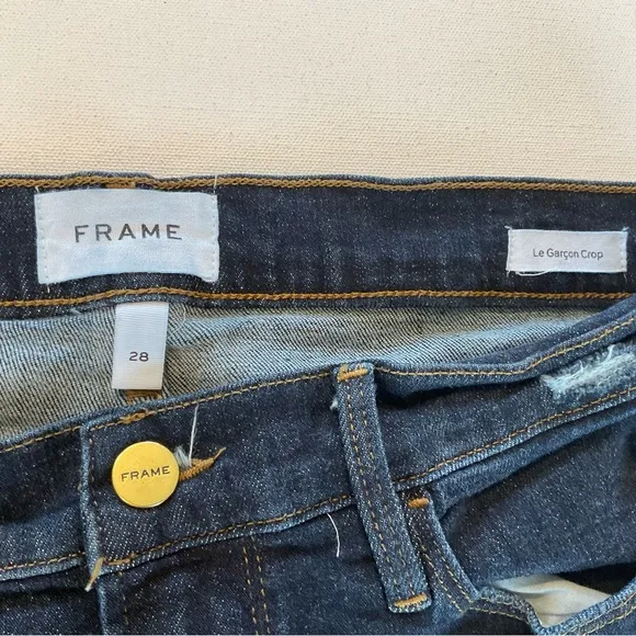 Frame Le Garcon Crop Chewed Hem Jeans Women’s 28 Dark Blue Wash Distress Stretch