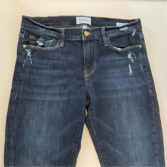 Frame Le Garcon Crop Chewed Hem Jeans Women’s 28 Dark Blue Wash Distress Stretch