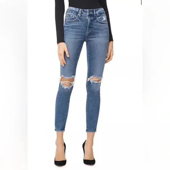 Good American Good Legs High Rise Ripped Skinny Crop Jeans in Blue 261 Sz 30