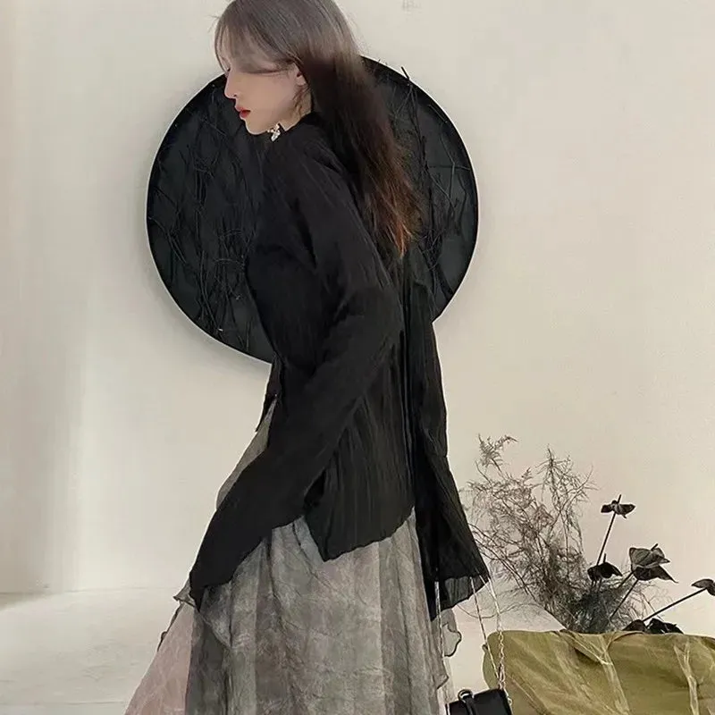 Gothic Black Shirt Yamamoto Style Dark Aesthetic Blouse Women Irregular Designer Clothes Emo Alt Clothes Grunge Tops Y2k