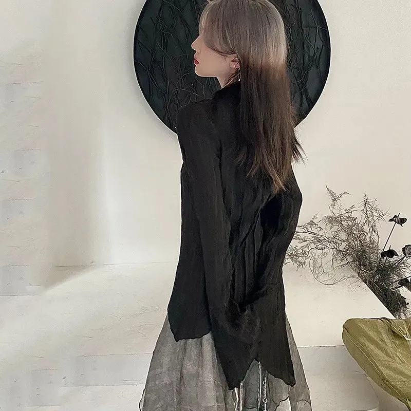 Gothic Black Shirt Yamamoto Style Dark Aesthetic Blouse Women Irregular Designer Clothes Emo Alt Clothes Grunge Tops Y2k