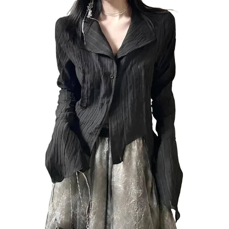 Gothic Black Shirt Yamamoto Style Dark Aesthetic Blouse Women Irregular Designer Clothes Emo Alt Clothes Grunge Tops Y2k