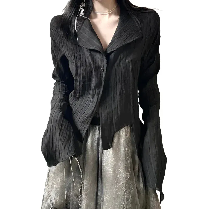 Gothic Black Shirt Yamamoto Style Dark Aesthetic Blouse Women Irregular Designer Clothes Emo Alt Clothes Grunge Tops Y2k