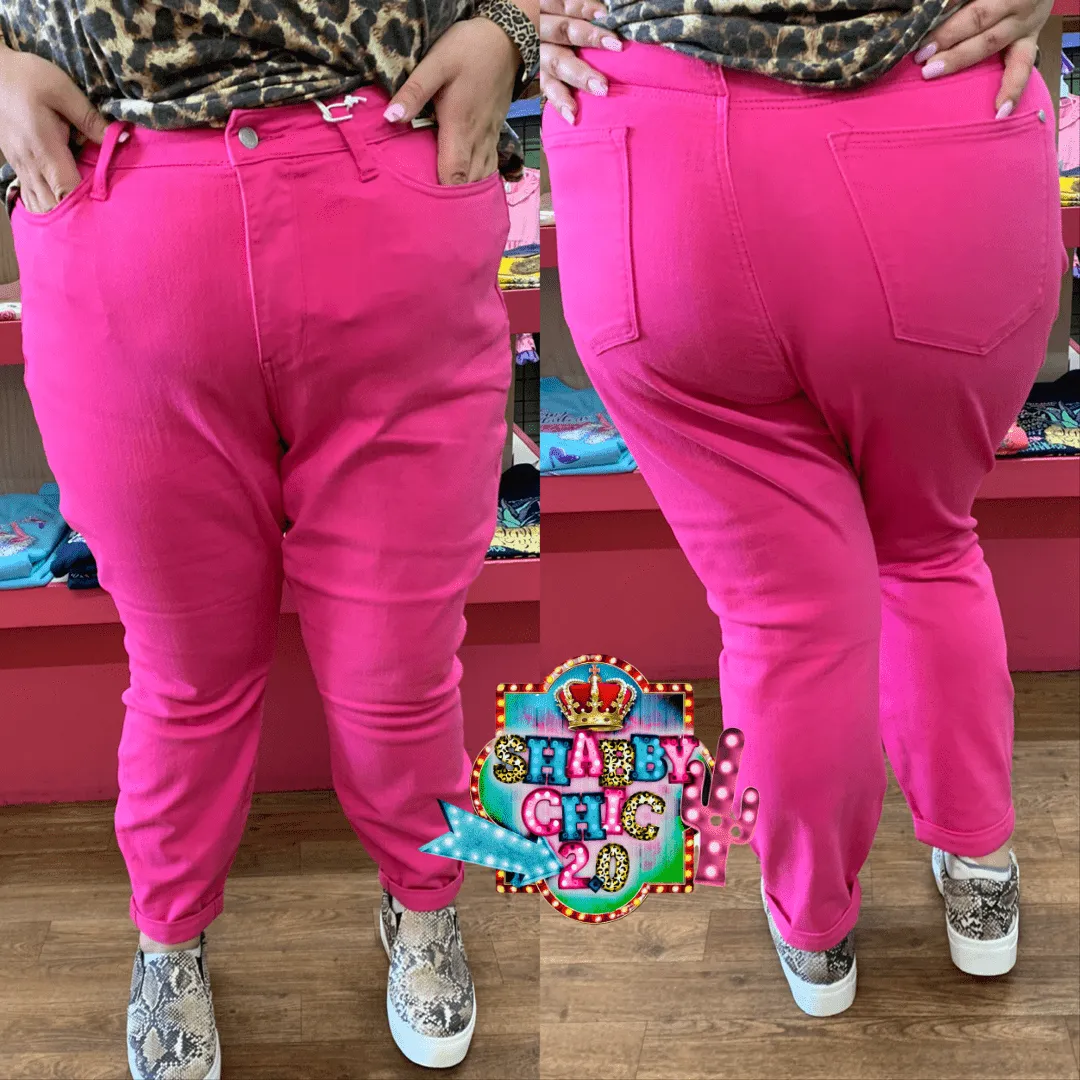 High Rise Slim Fit Hot Pink Judy Blue Jeans - NON DISTRESSED