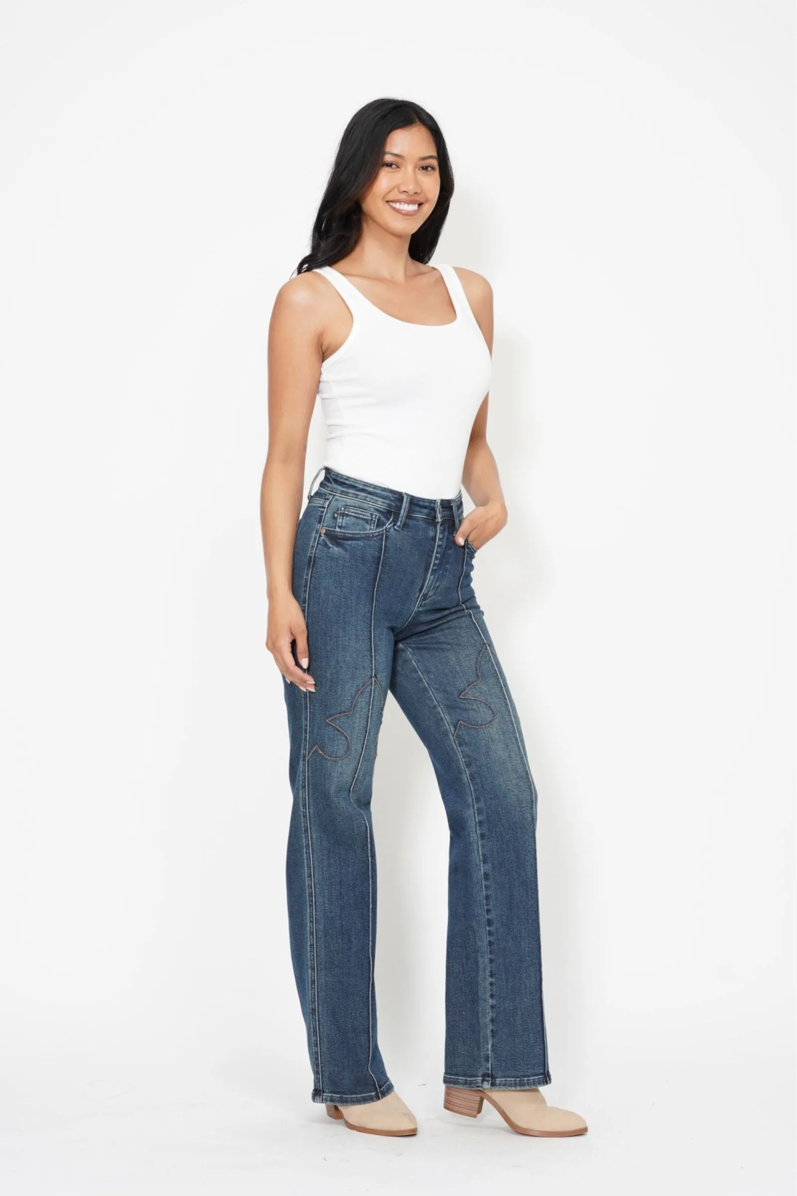 High Waist Western Seam Detail Straight Jeans by Judy Blue