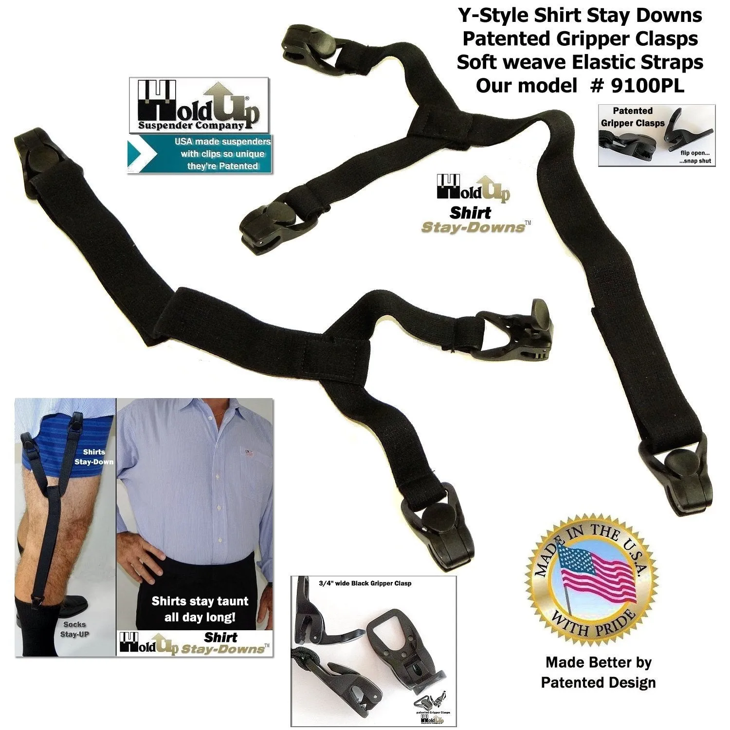 HoldUp Dress Shirt Stay Downs Y-style Shirt Tail garter straps with Patented Plastic Gripper Clasps