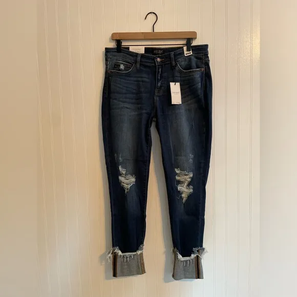 JUDY BLUE Mid Rise Skinny Fit Cuffed Raw Hem Dark Wash Denim Jeans Size 32 NWT