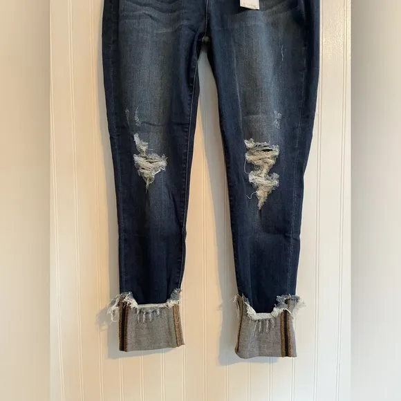 JUDY BLUE Mid Rise Skinny Fit Cuffed Raw Hem Dark Wash Denim Jeans Size 32 NWT