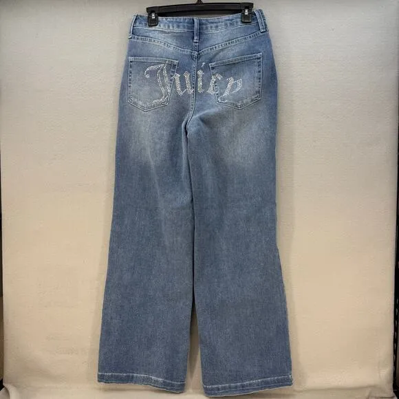 Juicy Couture Jeans Women's 9/29 Blue Lunita Wide Leg Rhinestone Logo Flare NWT