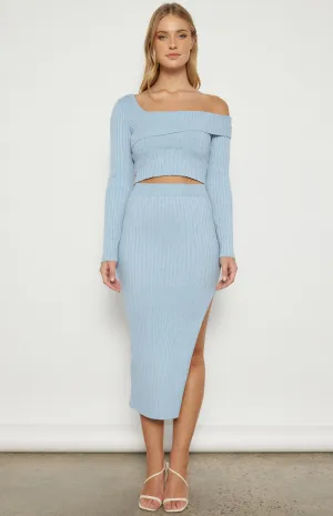KNIT SET WITH ONE SHOULDER NECKLINE TOP AND SKIRT